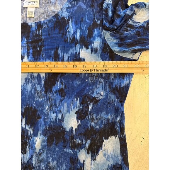 Chicos Travelers Women's Blue Patterned Top With Ruched Sleeves Size 3 - Picture 5 of 6